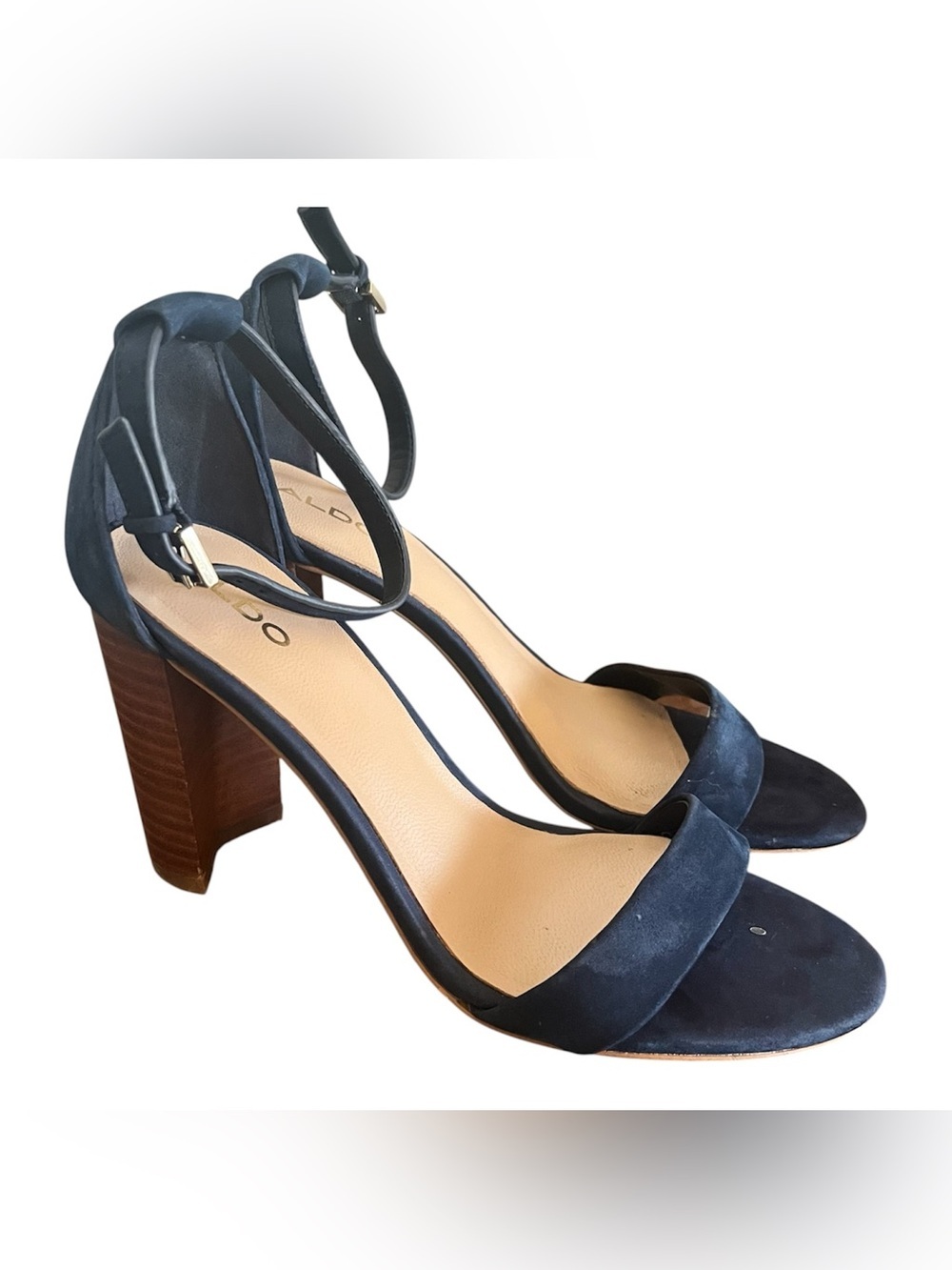 ALDO Jerayclya Navy Blue Suede Block Heel Sandals Size